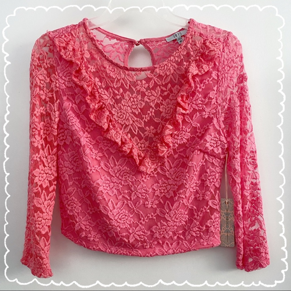 Iris (juniors) mesh lace & ruffle crop top, 3/4 sleeves, hot pink